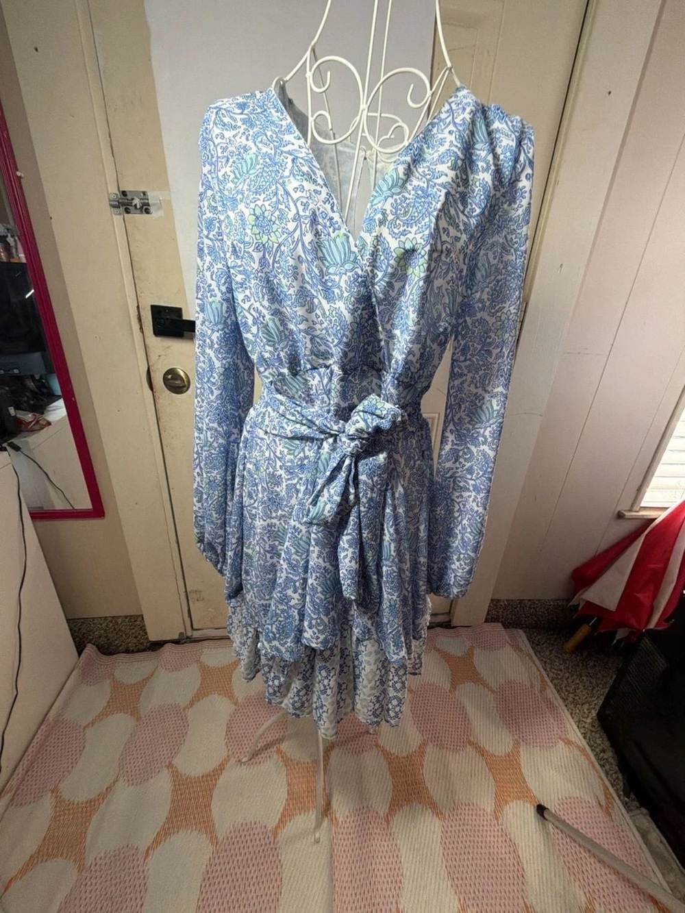 Blue Floral Wrap Dress with Tie Waist